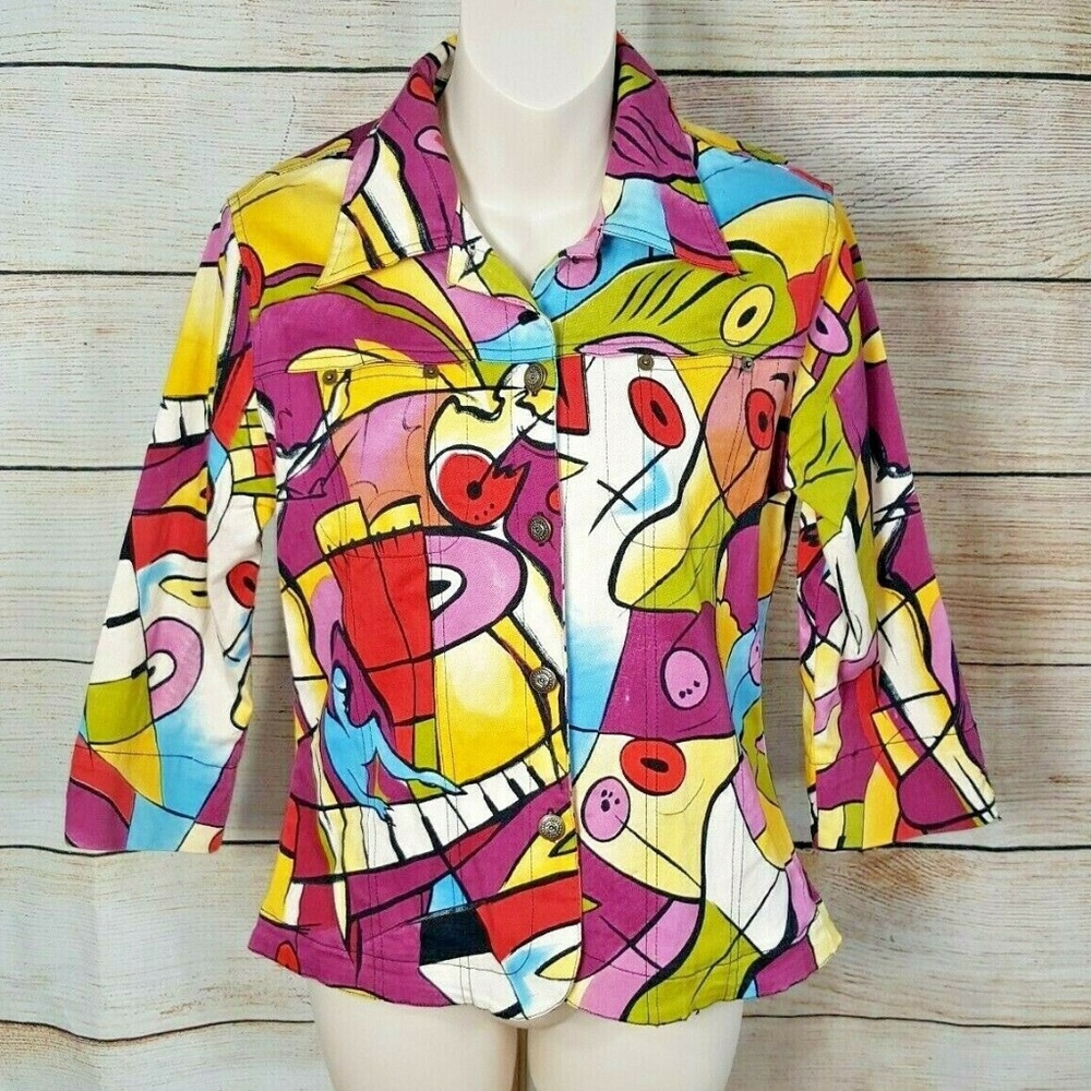 Kaktus Stretch Denim Jacket Sz S Multi Color Abstr